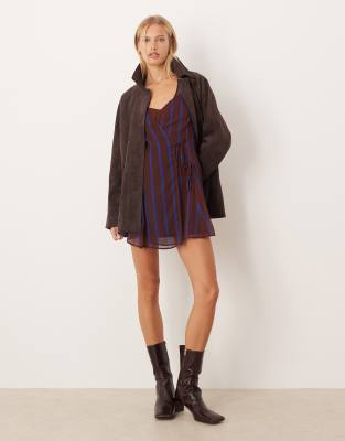 Asos Design Wrap Mini Dress With Ties In Brown