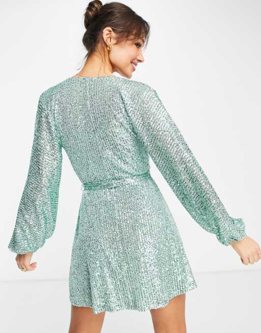 ASOS DESIGN wrap mini dress with volume sleeve in mint sequin