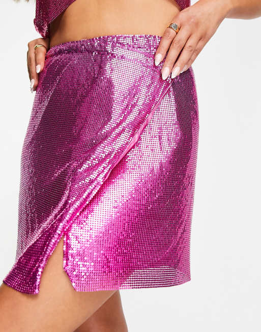 ASOS DESIGN wrap mini skirt co-ord in pink chainmail, 3 of 4