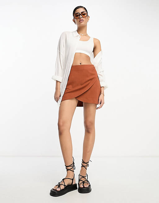 ASOS DESIGN wrap mini skirt with linen in brown | ASOS