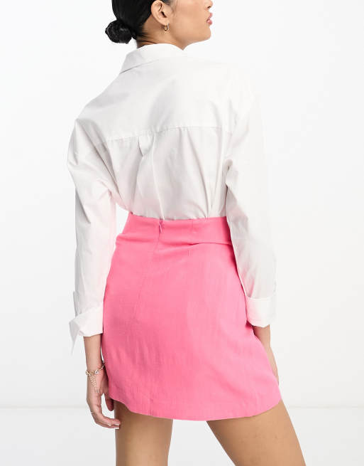 ASOS DESIGN wrap mini skirt with linen in pink