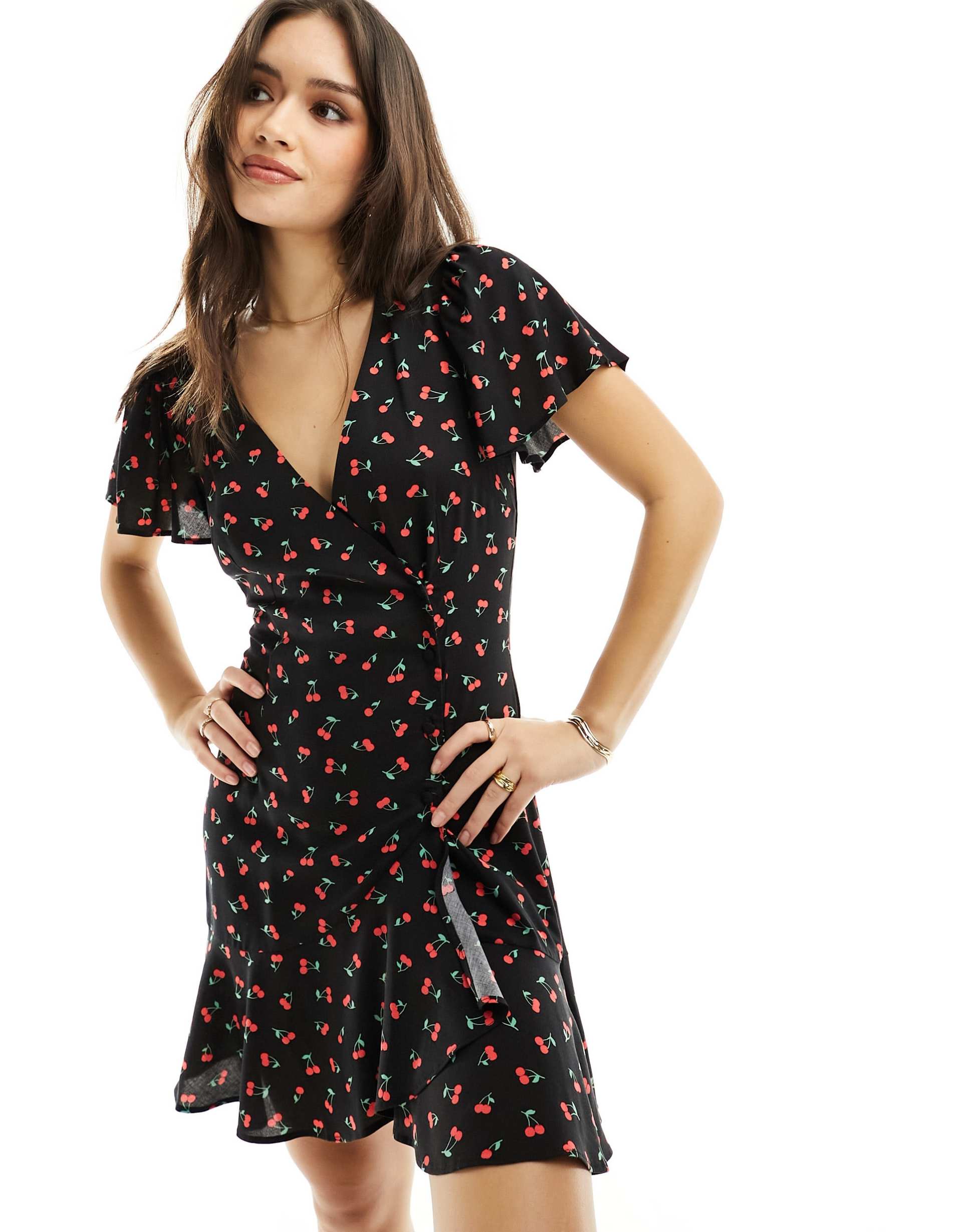 asos design wrap mini tea dress with buttons in cherry print
