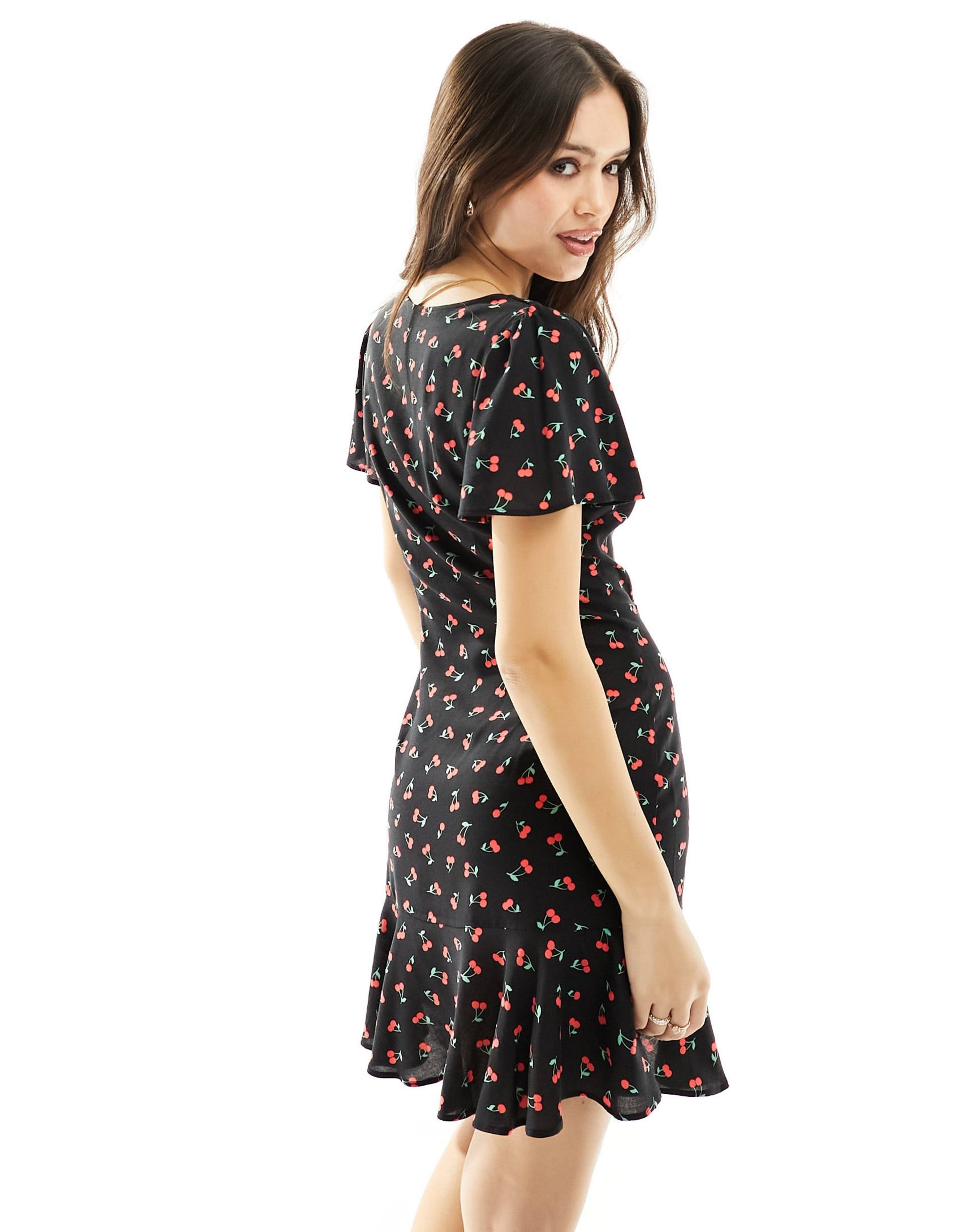 asos design wrap mini tea dress with buttons in cherry print