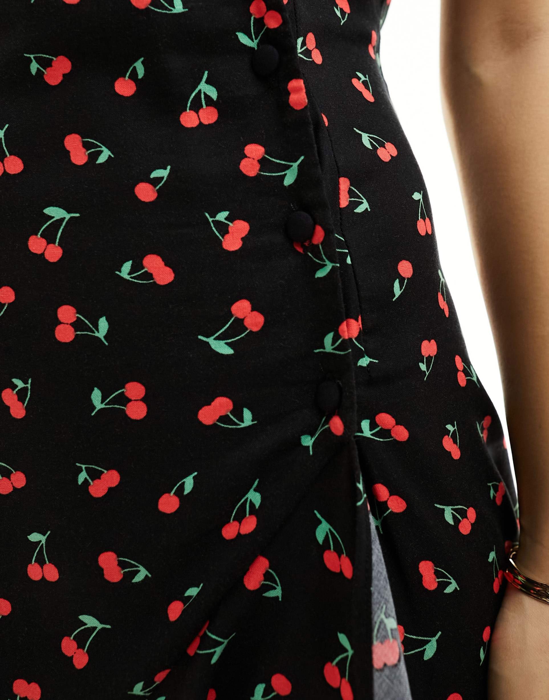 asos design wrap mini tea dress with buttons in cherry print
