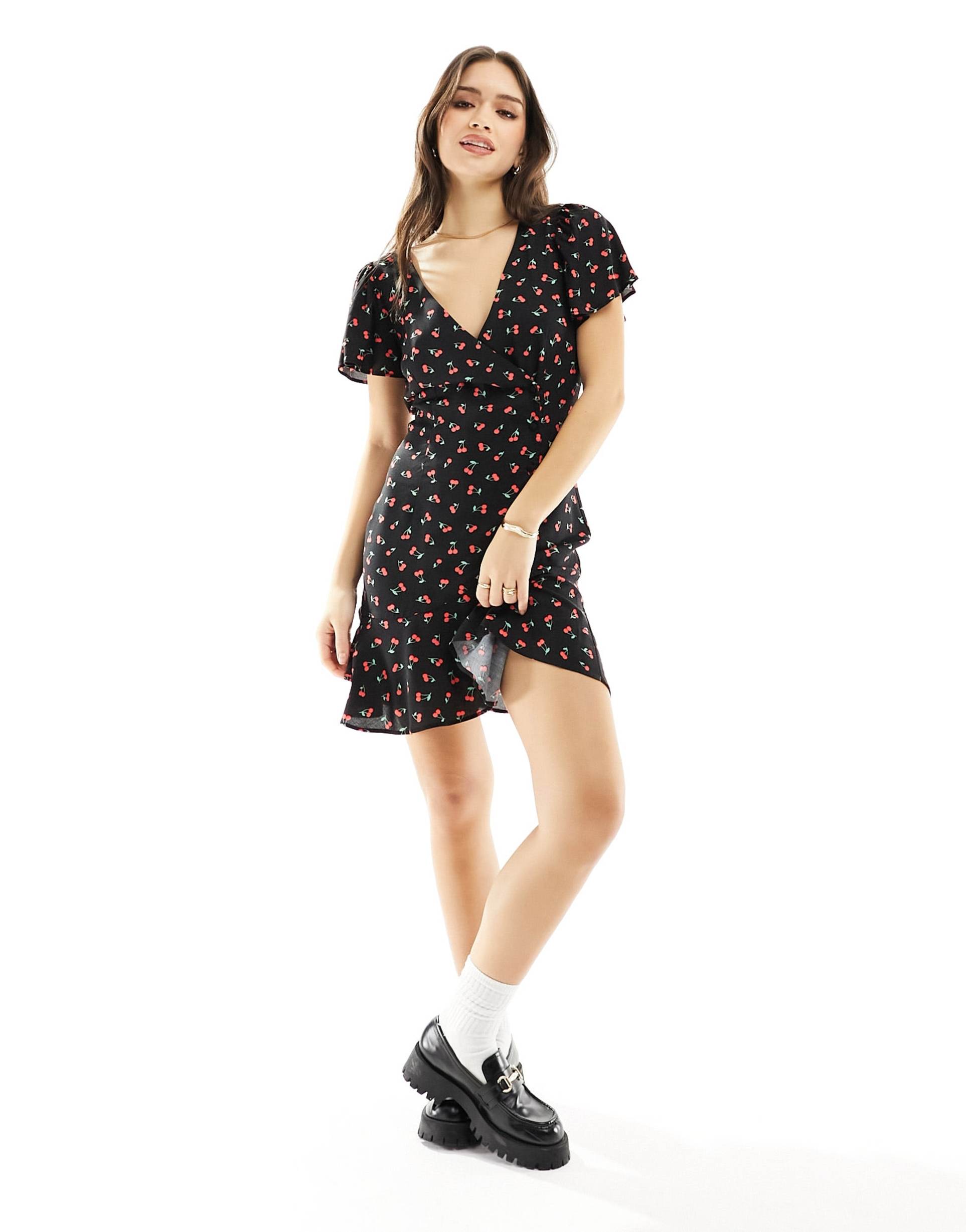 asos design wrap mini tea dress with buttons in cherry print