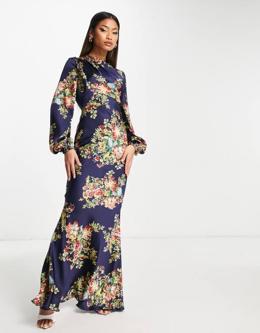 ASOS DESIGN satin midi dress with blouson bodice in vintage floral