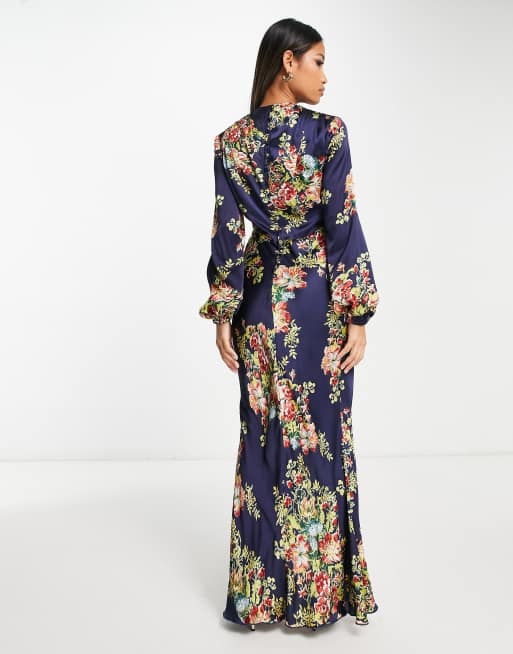 ASOS DESIGN wrap neck bias maxi dress in navy floral print, 2 of 4