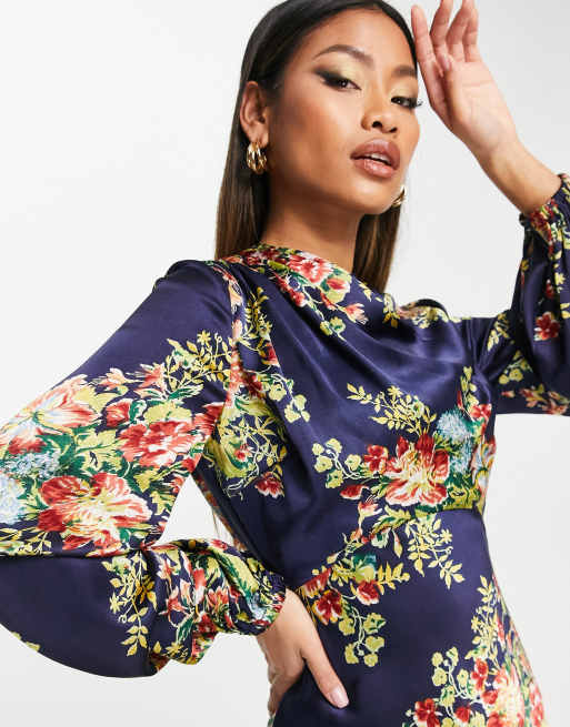 ASOS DESIGN wrap neck bias maxi dress in navy floral print, 3 of 4