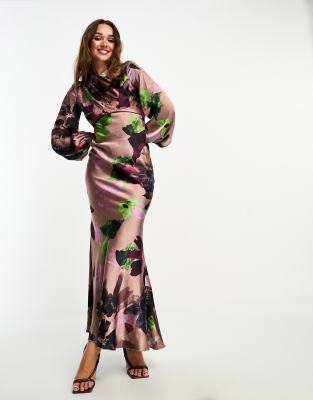 Purple High-neck Asymmetrical Pleated Maxi Dress（Necklace not included）