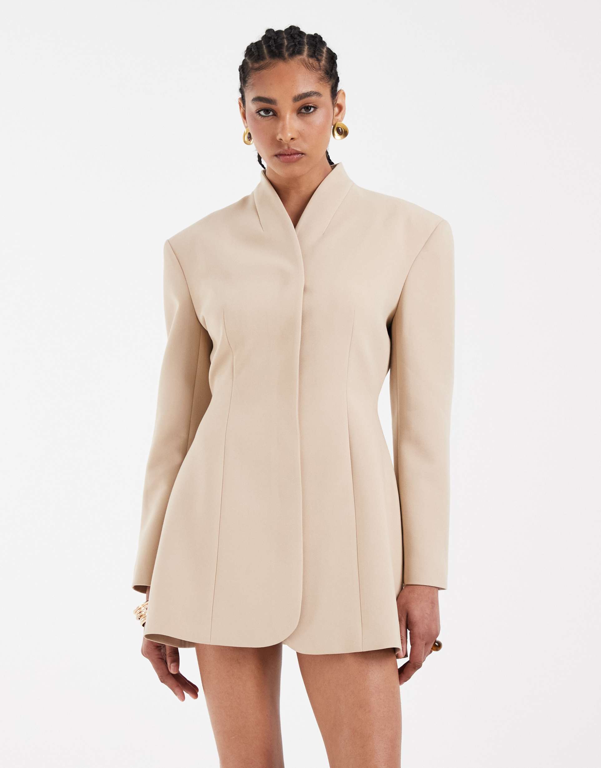 asos design wrap neck blazer dress in camel