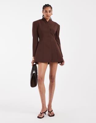 Asos Design Wrap Neck Blazer Dress In Brown