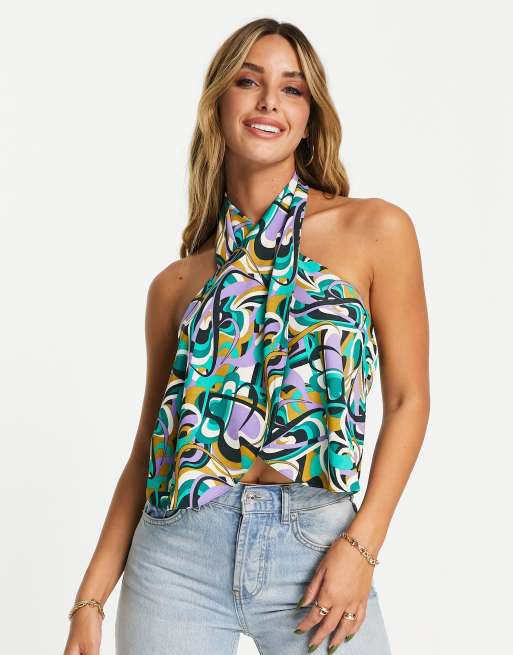 ASOS DESIGN wrap neck cami in purple and green swirl