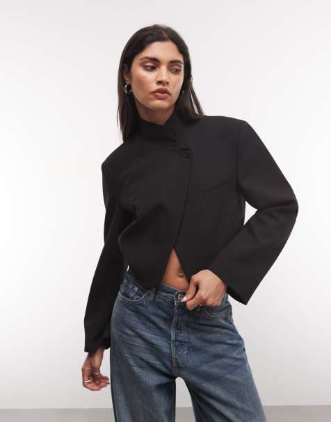 ASOS DESIGN wrap neck crop blazer jacket in black - view 1