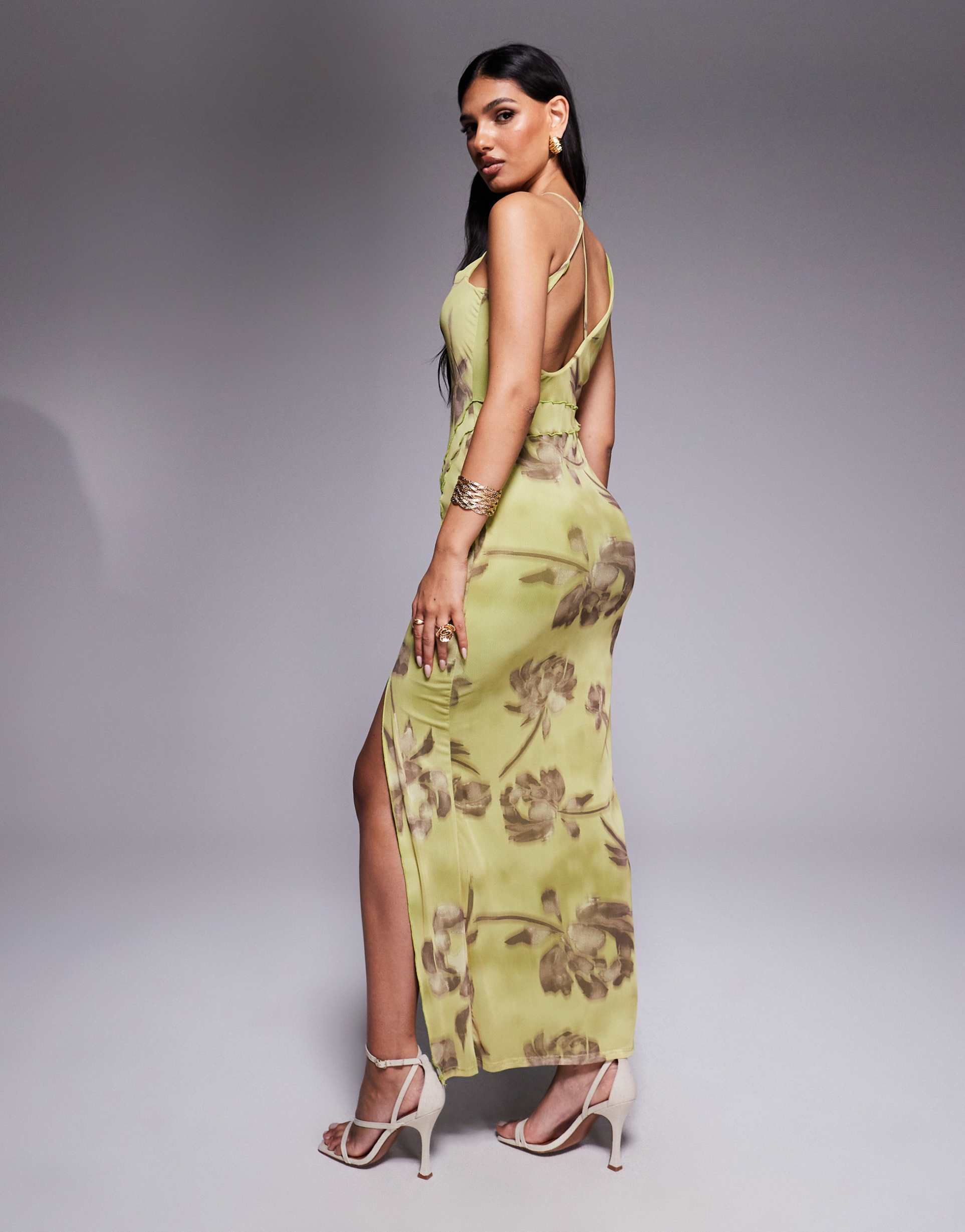 asos design wrap neck detail midi dress with exposed seams in floral print