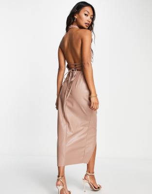 ASOS DESIGN wrap neck drape PU midi dress in taupe