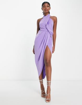 Asos Design Wrap Neck Draped Midi Dress With Lace Up Back Detail In Lilac-purple