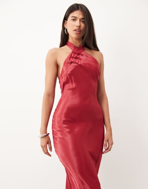 ASOS DESIGN wrap neck maxi dress in satin in cherry red, 2 of 4