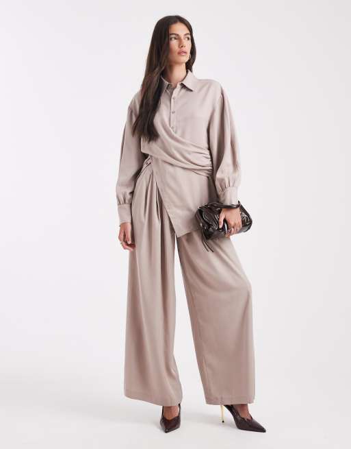 ASOS DESIGN wrap over cinched waist shirt in taupe - part of a set, 2 of 4