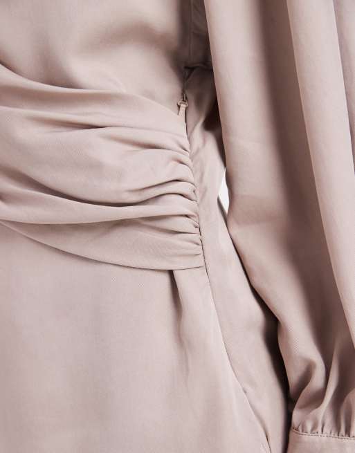 ASOS DESIGN wrap over cinched waist shirt in taupe - part of a set, 3 of 4