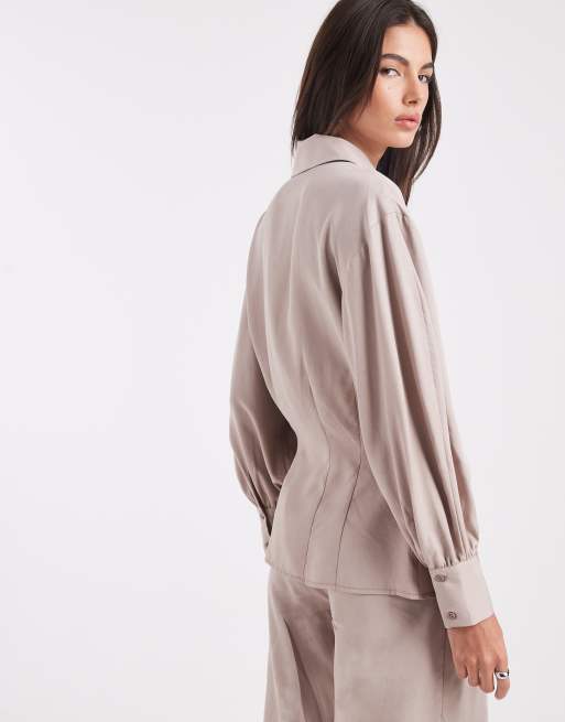 ASOS DESIGN wrap over cinched waist shirt in taupe - part of a set, 4 of 4