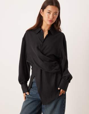 Asos Design Wrap Over Cinched Waist Shirt In Black