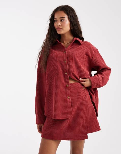 ASOS DESIGN wrap over co-ord corduroy skirt in cherry - view 1