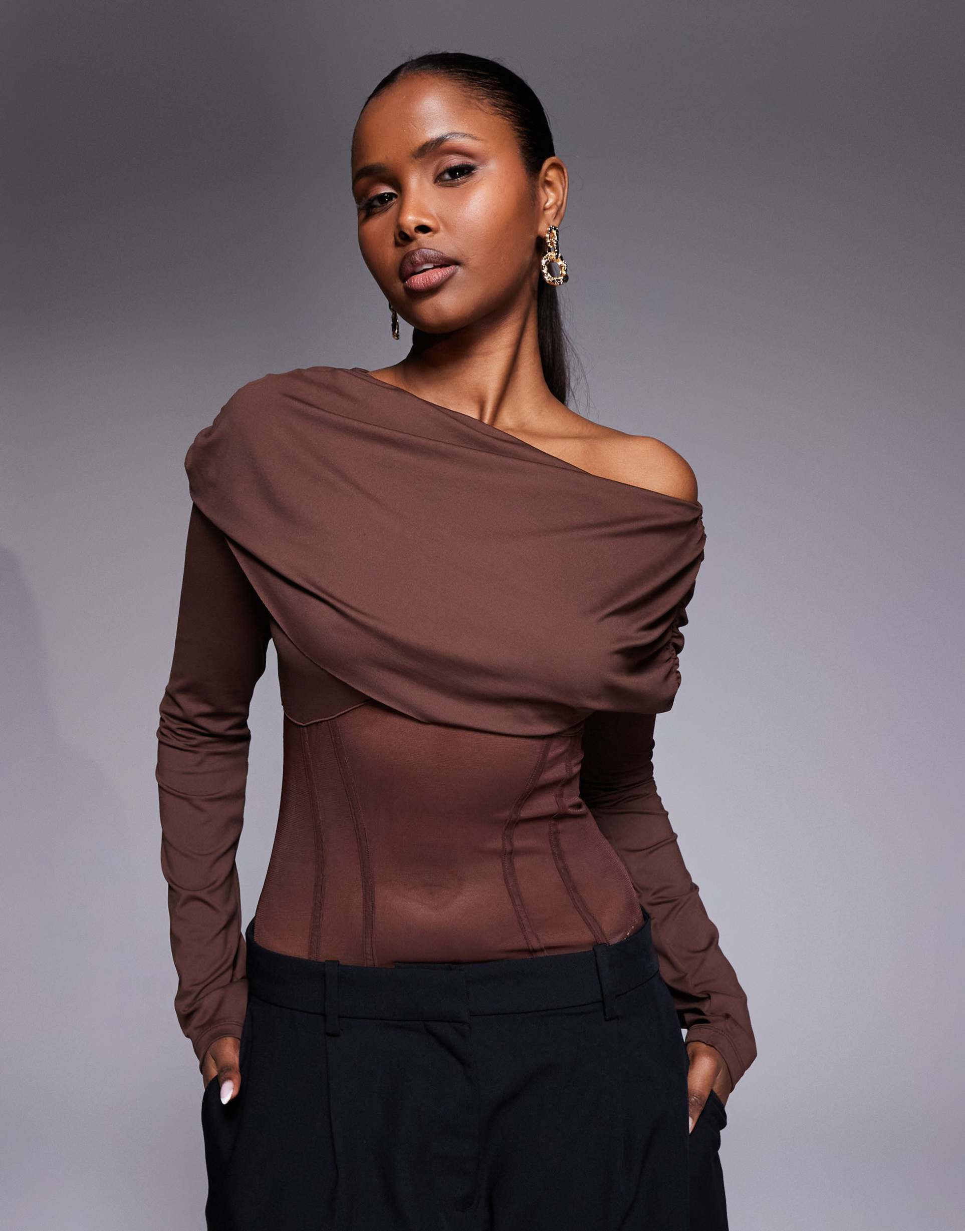 asos design wrap over corset bodysuit in chocolate