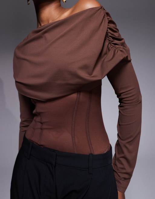 ASOS DESIGN wrap over corset bodysuit in chocolate, 4 of 4