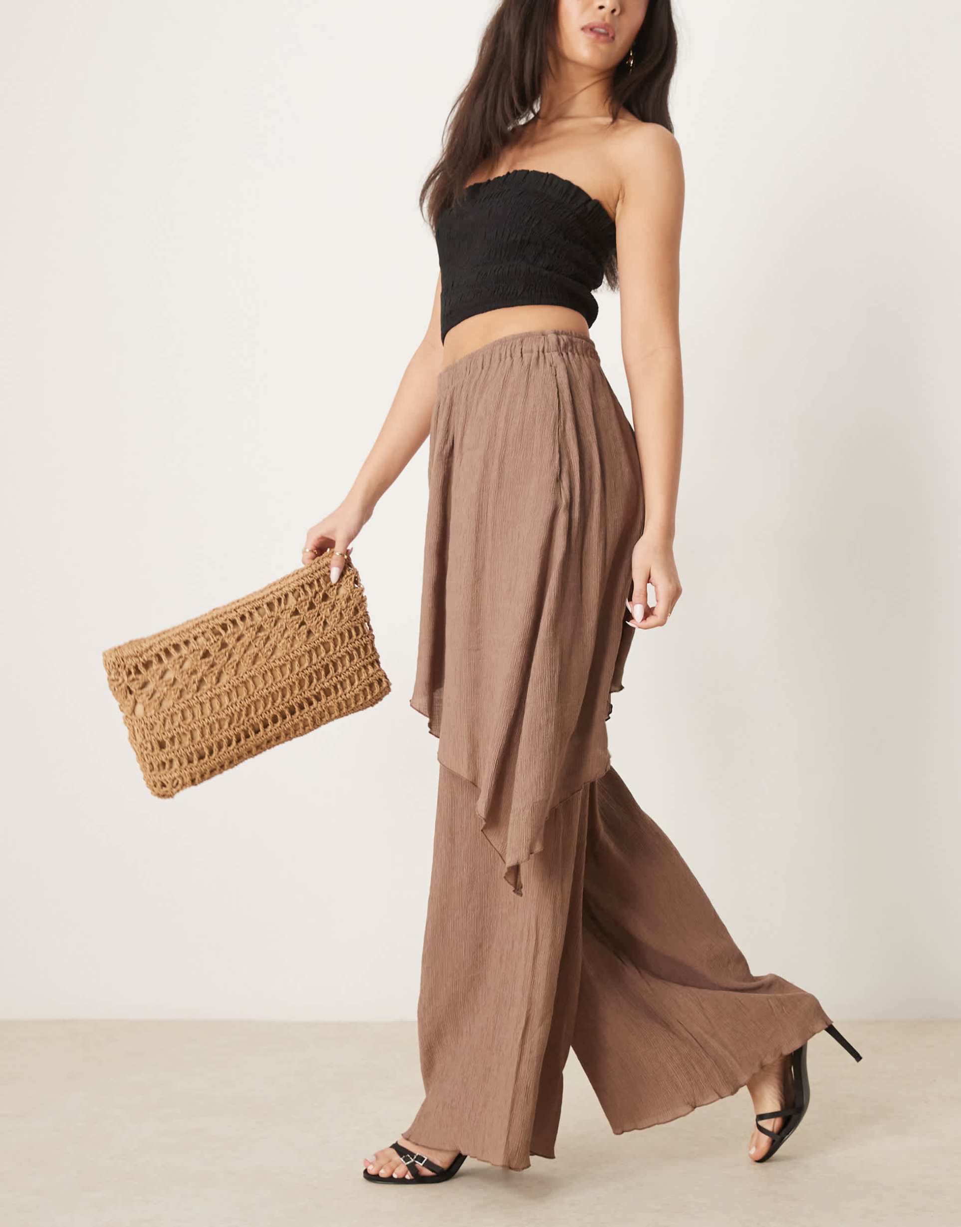 asos design wrap over crinkle pants in mocha