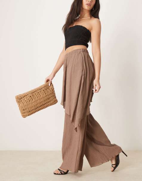 ASOS DESIGN wrap over crinkle trousers in mocha - view 1
