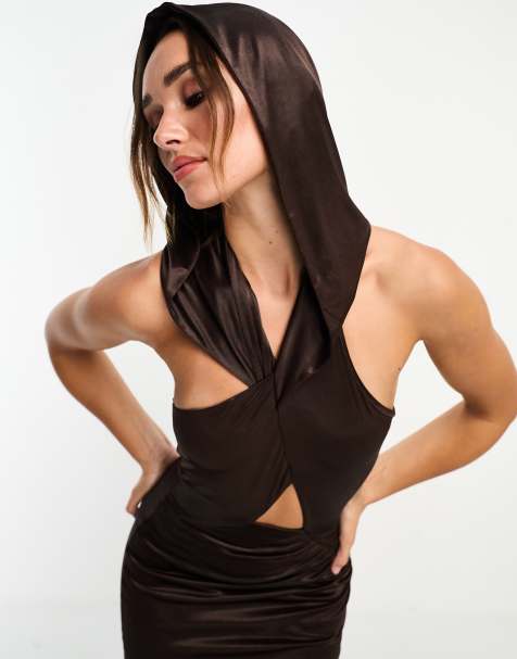 ASOS DESIGN wrap-over hood midi dress in chocolate - view 1
