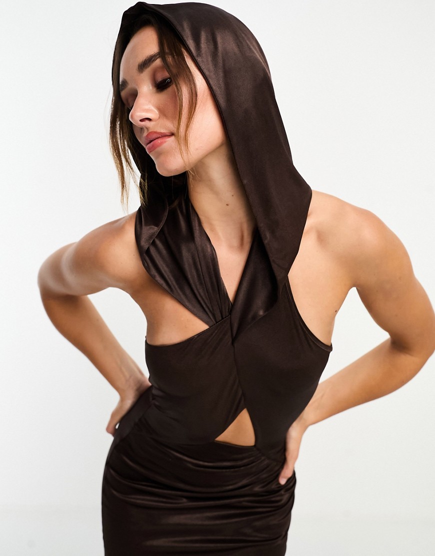 ASOS DESIGN wrap over hood midi dress in chocolate-Brown