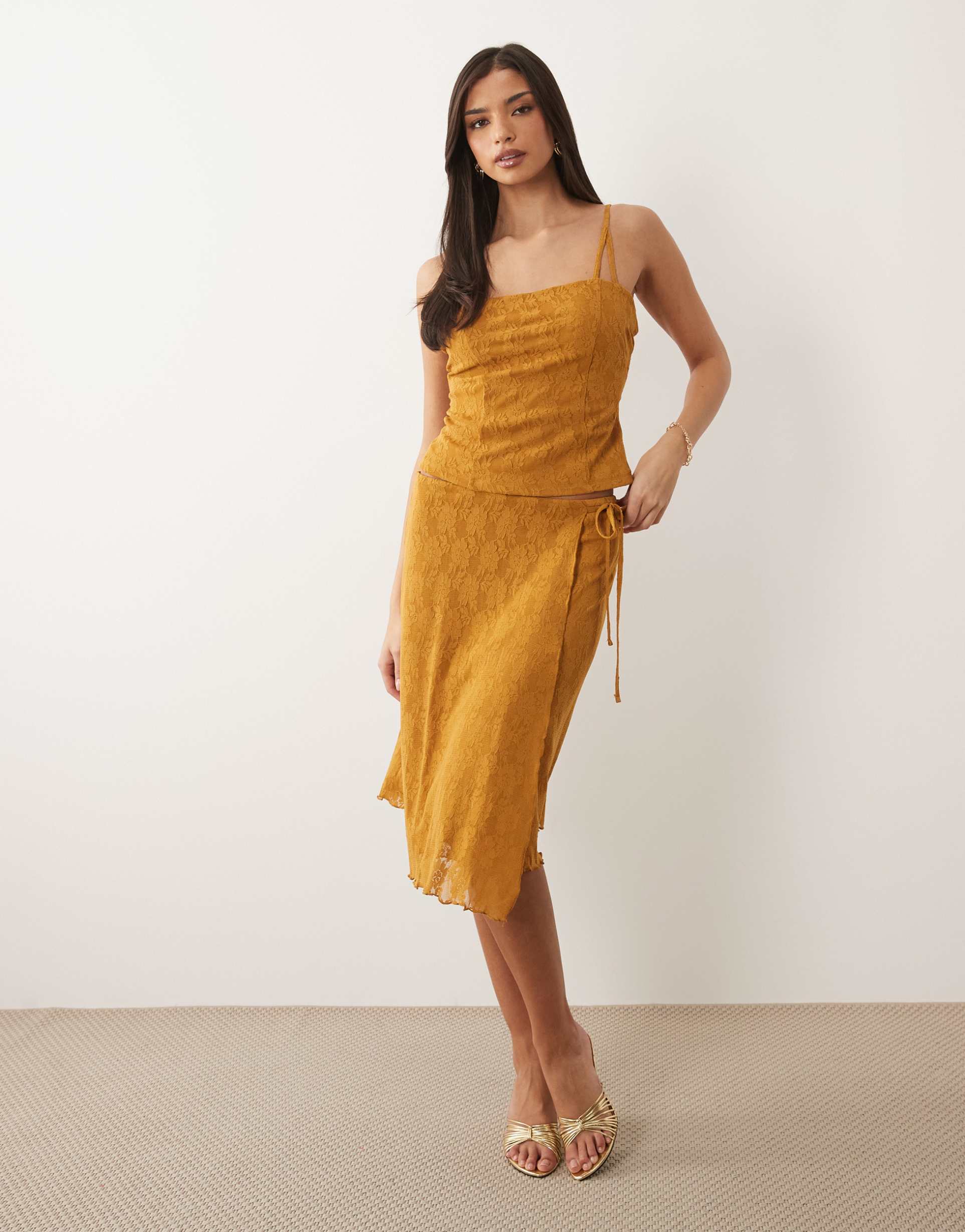 asos design wrap-over lace midi length skirt in brown - part of a set