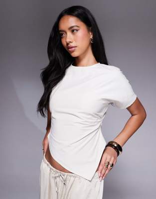 ASOS DESIGN wrap over ruched detail woven tee in cream-White
