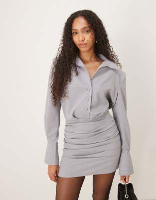 Asos Design Wrap Over Shirt Mini Dress In Gray