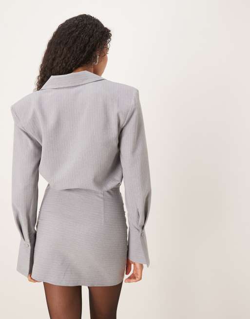 ASOS DESIGN wrap over shirt mini dress in dark gray pinstripe