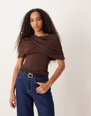 Asos Design Wrap Over Slash Neck Cape Top In Brown