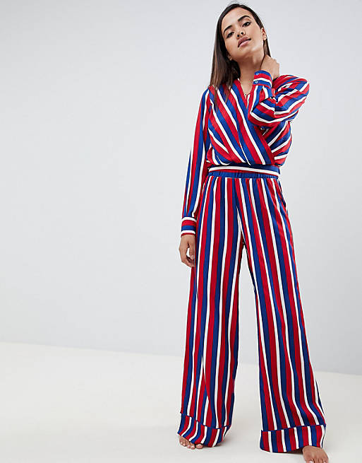 ASOS DESIGN Wrap over stripe blouse and wide leg trouser pyjamas | ASOS