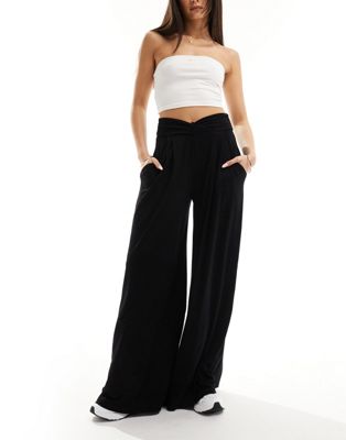 Asos Design Wrap Over Waist Pleated Wide Leg Pants In Black