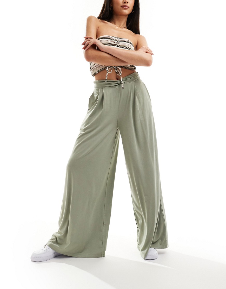 ASOS DESIGN wrap over waist pleated wide leg trouser in sage-Green