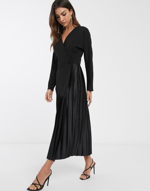 Black pleated wrap dress sale