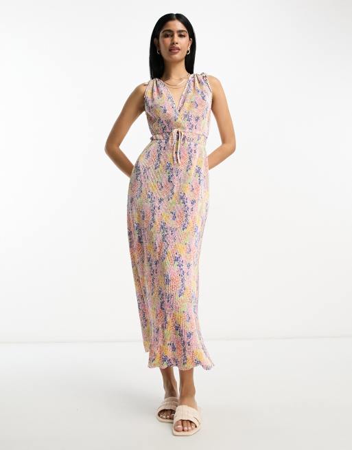 ASOS DESIGN wrap plisse midi dress with tie detail in ditsy floral