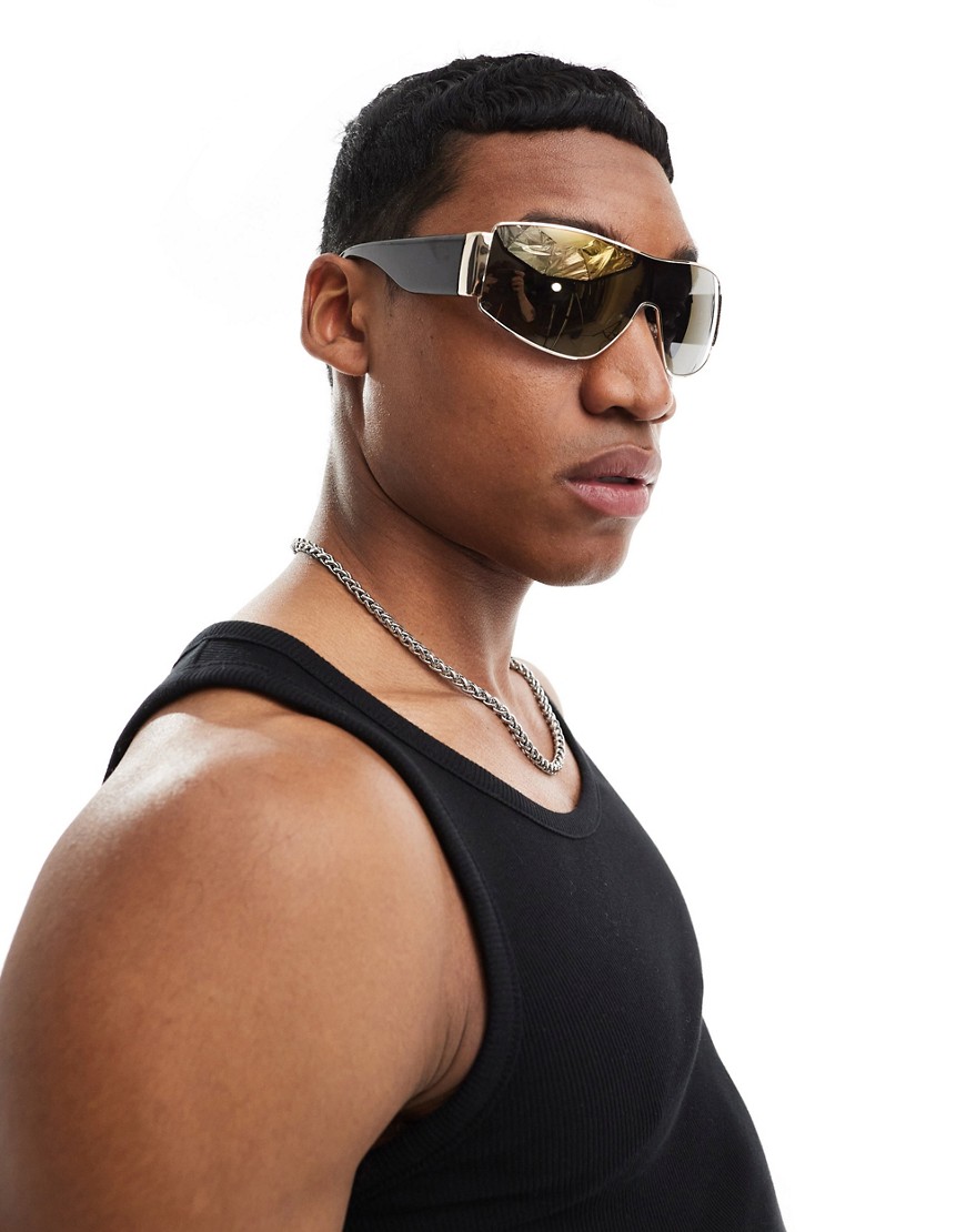 Asos Design Wrap Racer Sunglasses With Flash Lens In Brown In Gold