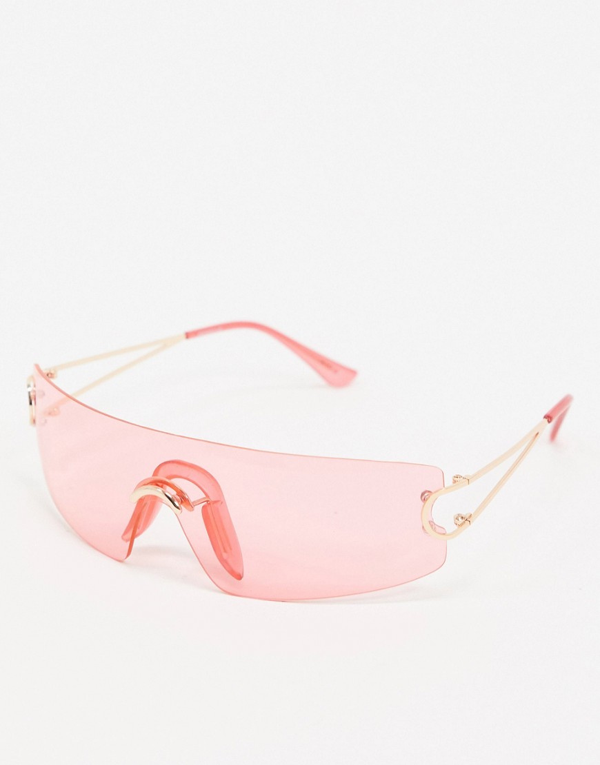ASOS DESIGN wrap rimless 90s sunglasses in pink-Gold