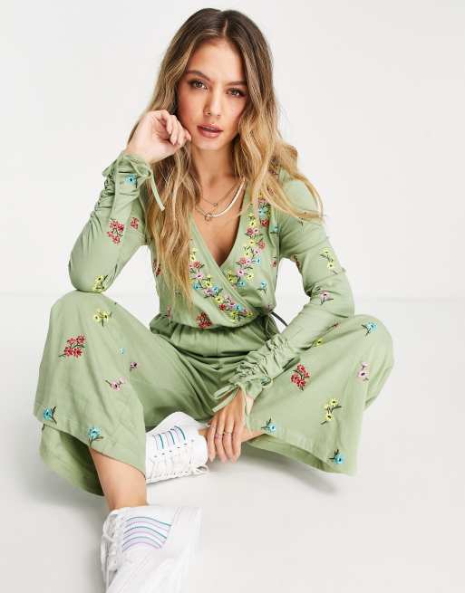 ASOS DESIGN wrap ruched sleeve embroidered jumpsuit in washed khaki | ASOS