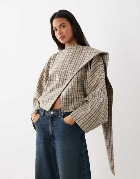 ASOS DESIGN wrap scarf batwing jacket in ecru micro check