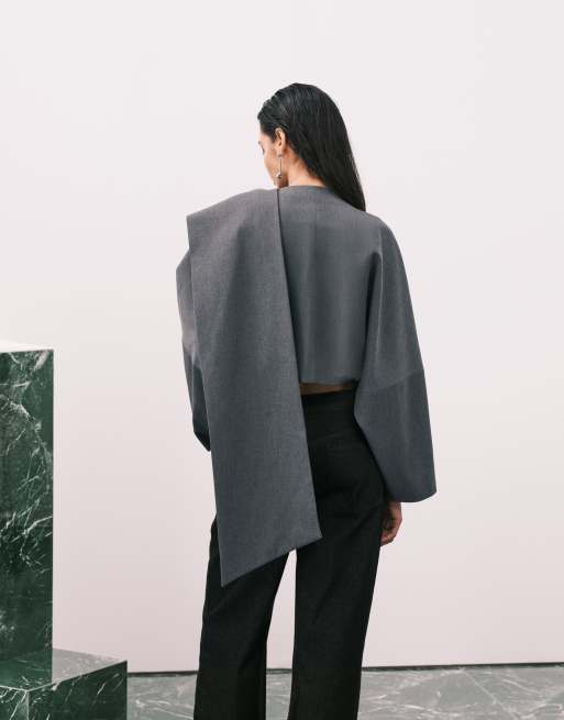 ASOS DESIGN wrap scarf batwing jacket in grey, 3 of 4