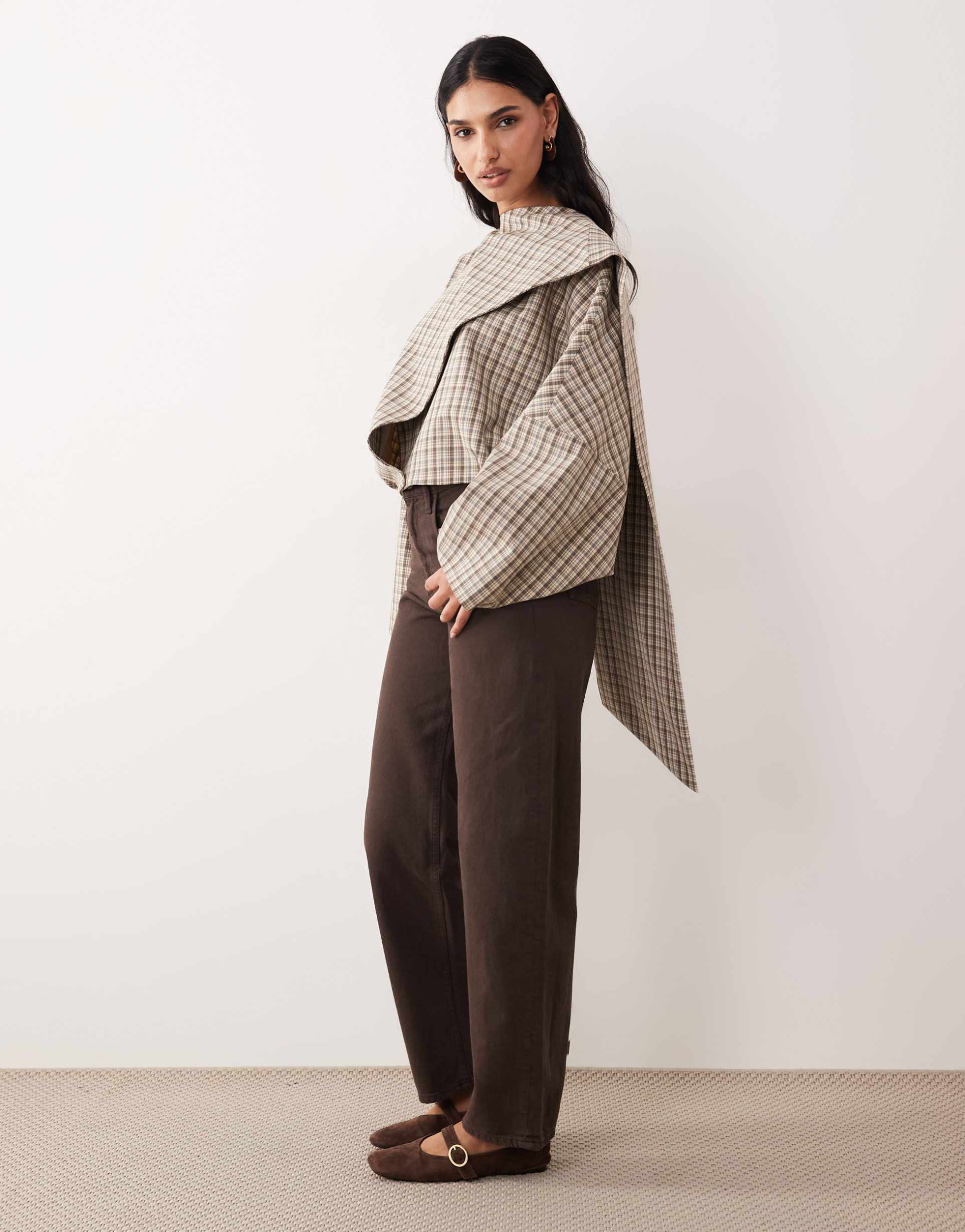 asos design wrap scarf batwing sleeves jacket in ecru micro plaid