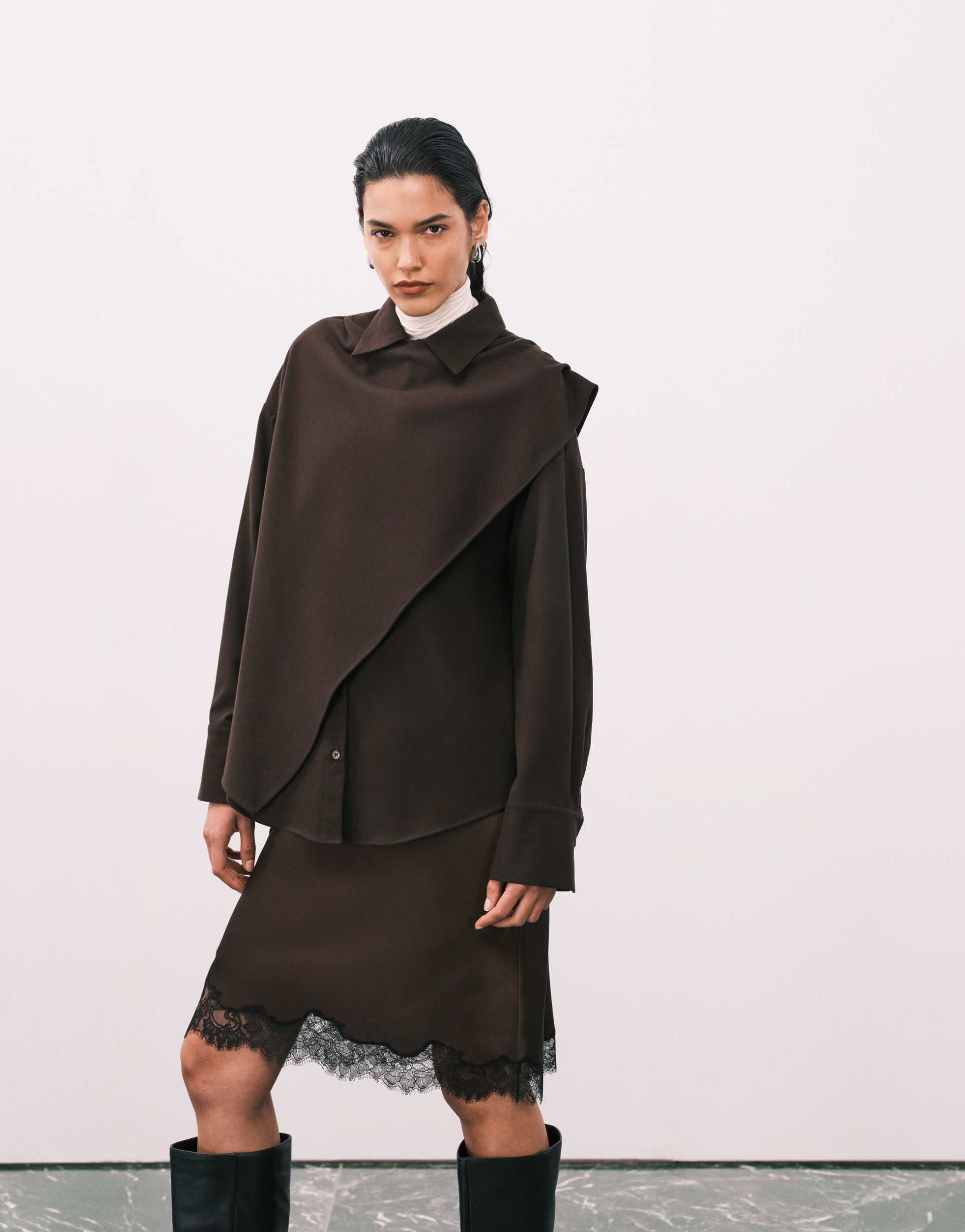 asos design wrap scarf oversized shirt in chocolate