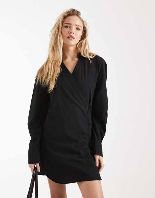 ASOS DESIGN wrap shirt dress with cocoon sleeve in black, 2 of 4